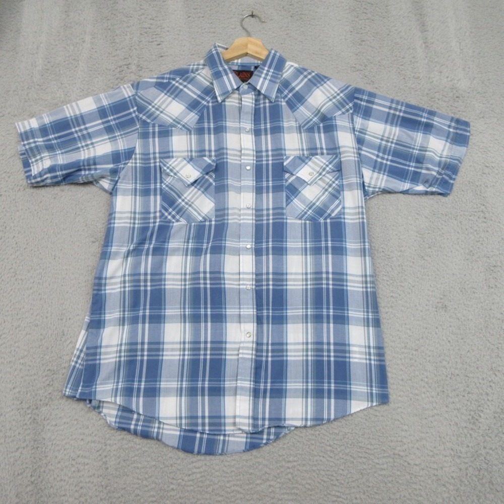 Plains Western Wear Pearl Snap Shirt Men L Blue‎ Check Western Cowboy Rodeo Y2K